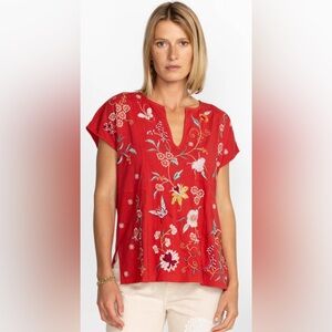 Johnny Was Suki Easy Panel Tee Embroidered Red XS